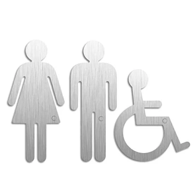 Immagine di Pittogrammi per Porte Donna Uomo Disabili Set di 3 Aacciaio inossidable H=152/117 mm autoadesivo Ofform Design No.1093