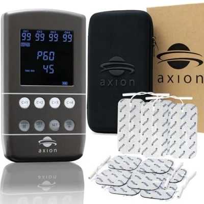 Immagine di axion Dispositivo TENS EMS 4 canali X9B per sollievo dal dolore, stimolazione muscolare elettrica, massaggio e riabilitazione del pavimento pelvico. Con batteria 12 elettrodi inclusi