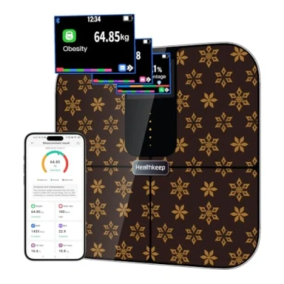 Immagine di Healthkeep Bilancia connessa Bluetooth con display TFT a colori e tecnologia ITO, 25 dati del corpo frequenza cardiaca APP per Andriod iOS 180kg/400lb/28st, Marrone