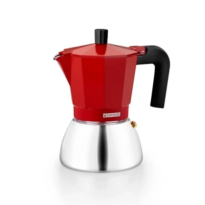 Immagine di MONIX Induction Inox, Caffettiera Italiana In Alluminio e Acciaio Capacità 6 Tazze, Manico Termoresistente, Facile da Lavare, Adatta a Tutti i Tipi Piano Cottura, Incluso Induzione, Rosso