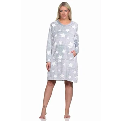 Immagine di Normann Camicia da notte donna a maniche lunghe, con polsini effetto stella, in morbido pile coral caldo, Blu, Medium