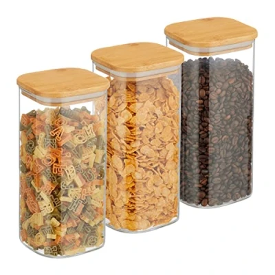 Immagine di Relaxdays Set da 3 Barattoli per Alimenti con Coperchio in bambù, Recipienti Vetro, 1500 ml, Trasparente Naturale, 800 ml