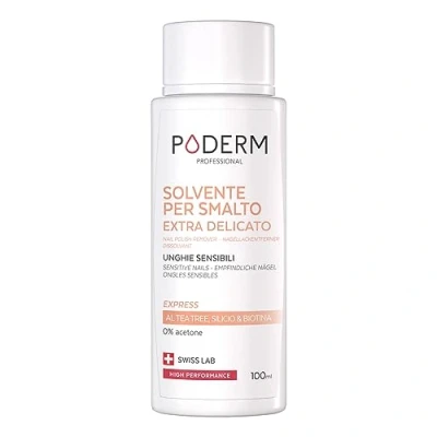 Immagine di PODERM SOLVENTE per unghie EXTRA DELICATO AL TEA TREE Rimozione Rapida e Semplice dello smalto Senza acetone Rafforza nutre Ideale sensibili 100 ml Swiss Lab