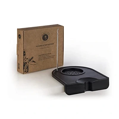 Immagine di Buddy&#039;s Bar Barista Edition, Premium pressostato con Penna Barista, per Tutte Le Dimensioni di Tamper, 12,6 cm x 14 cm, Altezza: 3,5 Stazione Pressione portafiltro Espresso Nero
