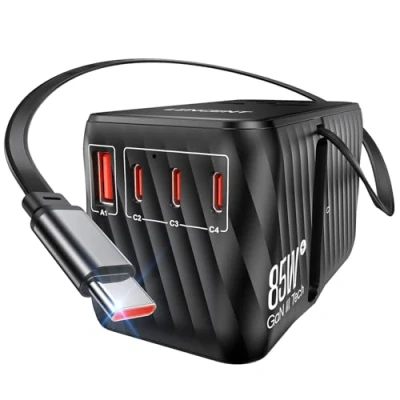 Immagine di LENCENT 85W Adattatore Universale da Viaggio con Cavo USB C Retrattile, GaN Spina Internazionale 3 e 1 a Ricarica Rapida, Presa Mondiale per EU Stati Uniti, UK, AUS