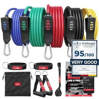 Immagine di Set di fasce resistenza + piano allenamenti Kit elastici: 5 bande elastiche lattice, maniglie, cinghie per caviglie ancoraggio, gancio da porta Tubi fitness palestra sport stretching