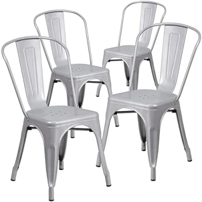 Immagine di Flash Furniture Sedia impilabile per Interni ed Esterni, in Metallo, Confezione da 4, Plastica Gomma, Argento, Set di 4