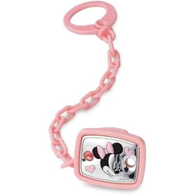 Immagine di Disney Baby Minnie Mouse Clip Ciuccio e Catenella Portaciuccio con dettagli in Argento ideale come regalo per nascita neonato o battesimo