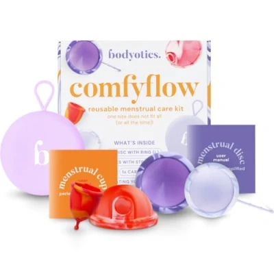 Immagine di Confezione per la cura delle mestruazioni Comfyflow Coppetta mestruale riutilizzabile e dischetti mestruali con cordoncino anello nella custodia il trasporto 5 confezioni