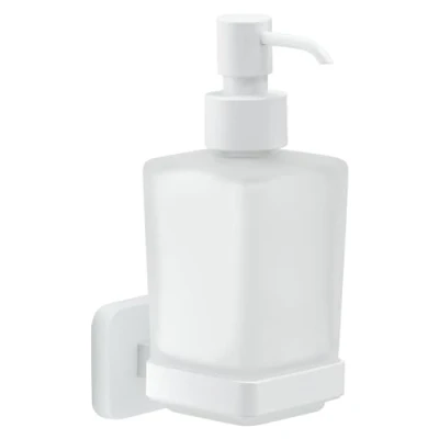 Immagine di GEDY Dosasapone Tonga, Dispenser Sapone in Acciaio Inox, Cromall e Vetro Satinato, Fissabile con Viti Incluse o Biadesivo, Bianco Matt, 6,3x11,7x17,3, Capacità 220ml
