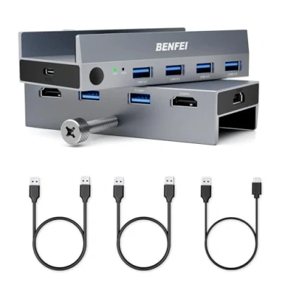 Immagine di BENFEI Switch KVM HDMI 2.1 8K@60Hz 4K@240Hz/165Hz/144Hz/120Hz 2 Ingressi 1 Uscita con 4 Porte USB A 3.0 5Gbps per Tastiera Mouse HDD Hard Disk Controller Desktop e Cavi