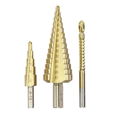 Immagine di kwb 525890 Punta a gradini, set di 3 pezzi con fresa, 1 x 4 12 mm e 30 mm, superficie nitrurata al titanio