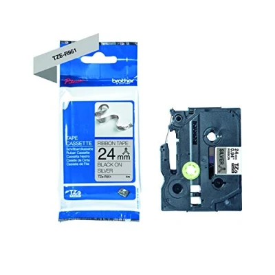 Immagine di Brother TZER951 Nastro in tessuto TZE sfondo argento e scritta nera da 24MM x 4m di lunghezza