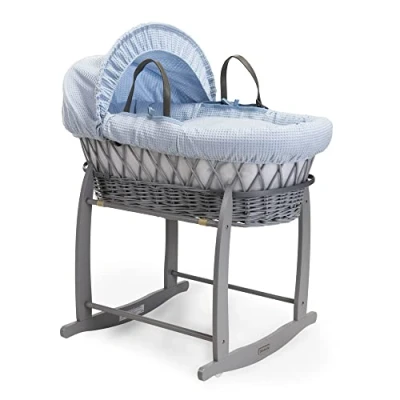 Immagine di Clair de Lune Culla in vimini grigio a nido d&#039;ape con supporto dondolo deluxe, 68 x 30 cm, blu