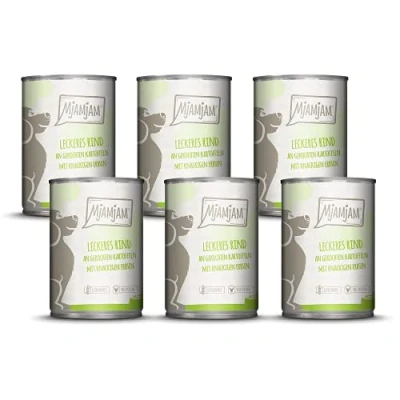 Immagine di MjAMjAM cibo umido premium per cani delizioso manzo su patate bollite con piselli croccanti, confezione da 6 (6 x 400 g), naturale carne extra
