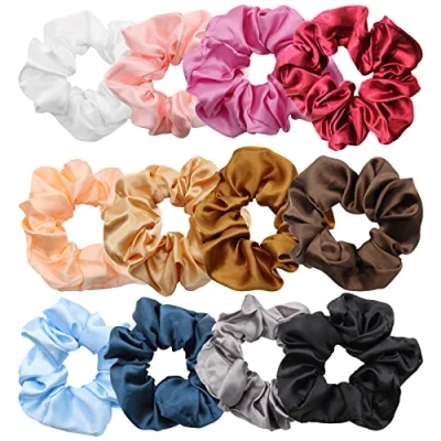 Immagine di Rayyl 12Pcs Scrunchies per Capelli, Fasce Elastiche Donne Ragazze , Lacci in Morbido Raso di Seta Corde Porta Coda Cavallo Accessori