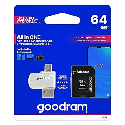 Immagine di GoodRam MicroSDHC (64 GB, classe 10, UHS I), adattatore e lettore di schede