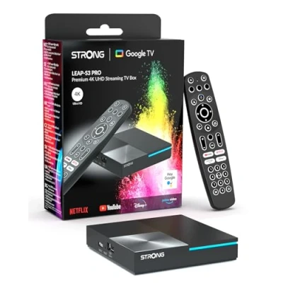 Immagine di STRONG Box Streaming Android TV 4K UHD Leap S3 Pro Wifi 6 1200 Mbps Chromecast integrato Compatibile con Assistente vocale Google Dolby Atmos e Vision Facile da installare Nero