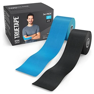 Immagine di TRUETAPE® Basic Tape kinesiologico in molti colori duo rotoli 5m x 5cm Nastro I impermeabile ed elastico Kinesio forte Blue &amp; Nero