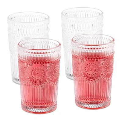 Immagine di Relaxdays Set da 4 Bicchieri in Vetro 400 ml, Lavabili Lavastoviglie, Design Vintage, Acqua e Bibite, Trasparente, 8 cm
