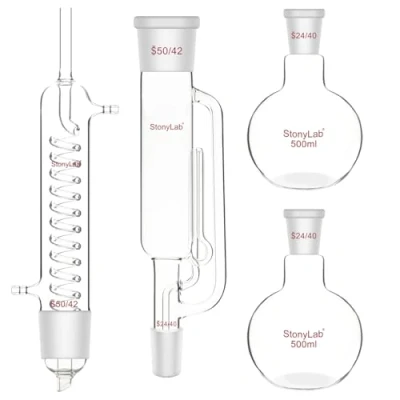 Immagine di stonylab Kit di Estrazione Soxhlet, Vetro Borosilicato 50/42 Estrattore Soxhlet con Graham Condenser e Due Palloni a Fondo Piatto 24/40 da 500 ml per in Laboratorio