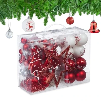 Immagine di Relaxdays Palline di Natale, Set 103 Addobbi Natalizi in Plastica, Decorazioni per Albero Vari Design, Rosso Bianco