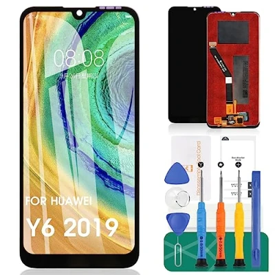 Immagine di Kit di montaggio in vetro digitalizzatore ricambio per schermo LCD Huawei Y6 2019 (MRD LX1), Honor 8A, pellicola temperata gratuita, colla e strumenti nero.