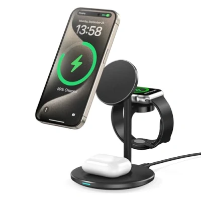Immagine di Mag Safe Stazione di ricarica induttiva da 15 W per iPhone 14,3 in 1, più dispositivi, Caricatore iWatch Ultra 2/1/Series 9,nero