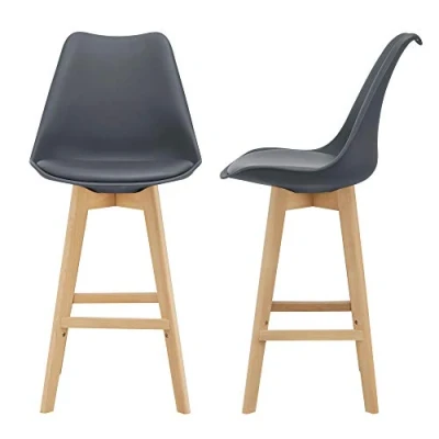 Immagine di [en.casa] Set di 2 Sgabelli da Bar con Poggiapiedi e Schienale Seduta Imbottita in Similpelle Sedie Alte Bancone per Cucina Gambe Faggio Grigio