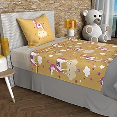 Immagine di Soleil d’ocre Licornes Parure di lenzuola, 100 procenti cotone 57 fili/cm2, 180 x 290 cm, giallo