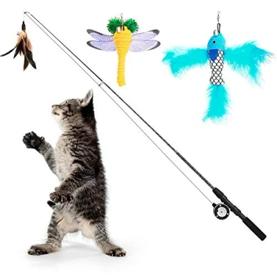 Immagine di Pawaboo Bacchette da Gioco per Gatti, 4 Pezzi Giocattoli Interattivi con Piume Rettrattile Asta Telescopica Pesce Libellula Piuma, Marrone/Blu/Giallo