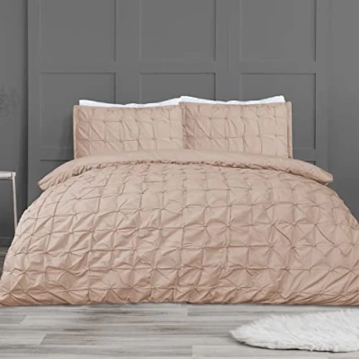 Immagine di Sleepdown 5056242749721 Biancheria federe, Motivo a Pieghe Arricciate, Colore Rosa Cipria, Facile da Pulire, Size (220 cm x 260 cm), Misto Cotone, Super King Set Piumino Letto