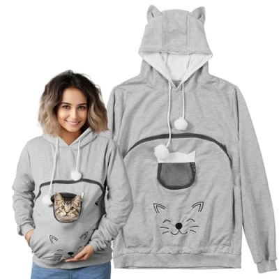 Immagine di HOMELEVEL Felpa Donna con Tasca per Gatto Cappuccio Uomo Comoda e Calda Invernale Design Orecchie Gatti Piccoli Cani Taglia L Rosa