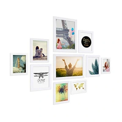 Immagine di PHOTOLINI Set di 10 cornici bianco legno MDF, larghe, moderne, plexiglass infrangibile, da tavolo o parete, accessori extra per una parete dal look raffinato