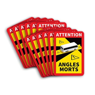 Immagine di 12 targhe magnetiche con la scritta in francese “Angle Morts, da posizionare negli angoli ciechi di camion e camper, segnali avviso protezione UV, dimensioni: 25 x 17 cm