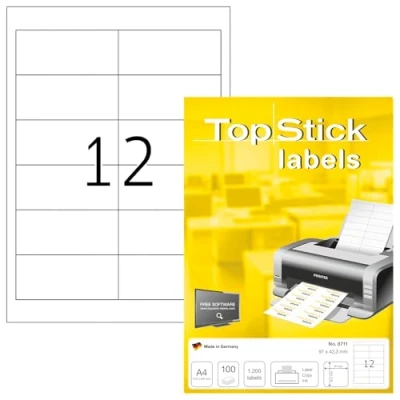 Immagine di TopStick etichette multiuso autoadesive, 12 per foglio A4, 100 fogli, 96,5 x 42,3 mm, 1200 etichette, adesive universali vuote, stampanti laser e inkjet, bianco