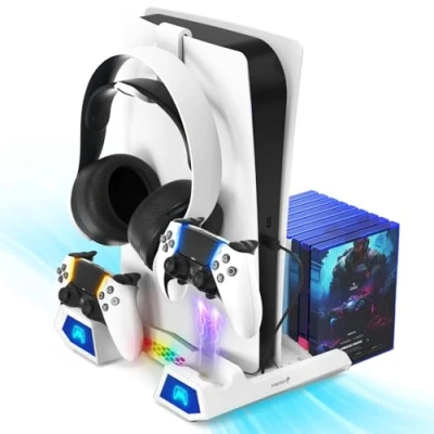 Immagine di Fosmon Soporte para PS5 y Slim e Raffreddamento con Cargador Mando 10 Slots di Gioco Supporto per Cuffie Luce LED RGB Bianco