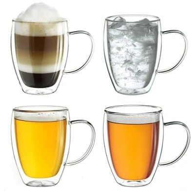 Immagine di Creano tazze in vetro termico a doppia parete con manico, 250 ml, grandi borosilicato parete, da tè/caffè, 4x250 ml