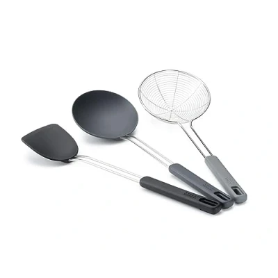 Immagine di Joseph Nest Fusion Set di 3 Utensili per Wok in Silicone Acciaio Inox, Spatola, Cucchiaio e Schiumarola, senza BPA, Antiaderente, Resistente al Calore