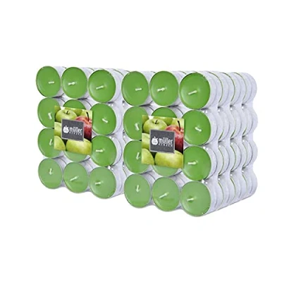 Immagine di Müller Tealights Candele Profumate Fragranza Mela 39 x 15 mm Durata 4 Ore Lumini di Cera Colore Verde Set 192 Candeline