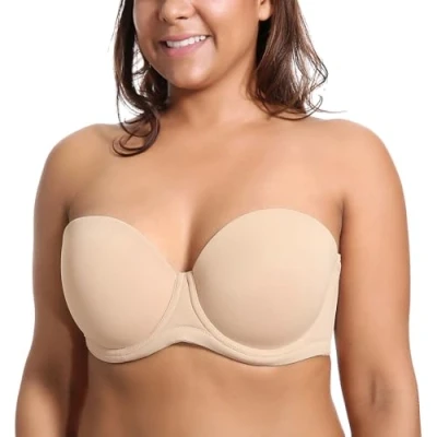 Immagine di DELIMIRA Donna Reggiseno Senza Spalline Push Up Invisibile Taglie Forti Multiuso con Ferretto Coppe Modellate Beige 2I