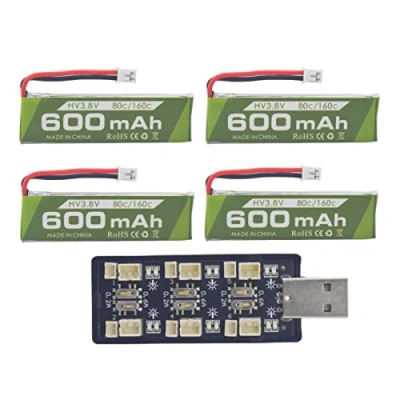 Immagine di ZYGY 4pcs 3.8V 1S 80C 600mAh Lipo Batteria con JST PH 2.0 Connettore Della Spina Caricatore USB a sei Canali per Cinewhoop Tinyhawk micro FPV Racing Car Drones RC Aereo
