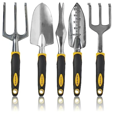 Immagine di BLOSTM Set di Attrezzi Giardinaggio da 5 Pezzi Robusto Giardino Manici Ergonomici, Cazzuola e Forchetta Antiruggine Kit Donna Uomini
