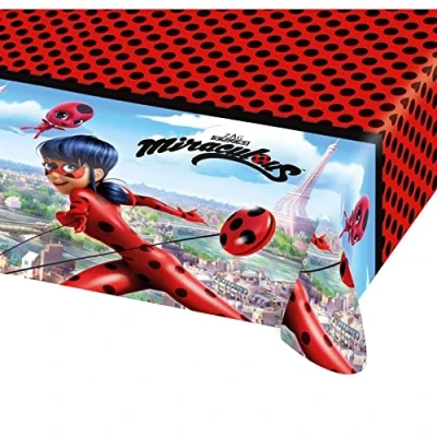 Immagine di amscan 9902876 Tovaglia Miraculous, 1 pezzo, dimensioni 120 x 180 cm, in plastica, impermeabile, con pois neri, motivo Ladybug, Parigi, Jojo, per festa bambini, a tema, compleanno