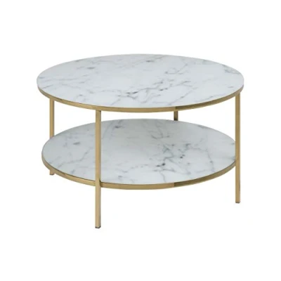 Immagine di AC Design Furniture Antje Tavolo da Caffè Rotondo con 1 Ripiano in Vetro Aspetto di Marmo Bianco Gambe Metallo Colore Oro, L: 80 x P: A: 45 cm, pezzo