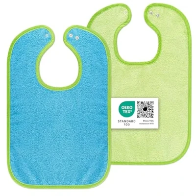 Immagine di Set di 2 Bavaglini Grandi Bavette con Bottone a Pressione 30x46 cm 100 % cotone spugna testato Öko Tex Standard blu verde