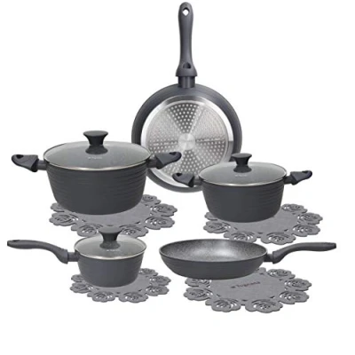 Immagine di Tognana Cooking Circle Ardesia, Batteria di pentole e padelle antiaderenti con proteggi pentola, Set 2 padelle, 3 casseruole, coperchi trasparenti, 8 Pezzi, Alluminio, Grigio
