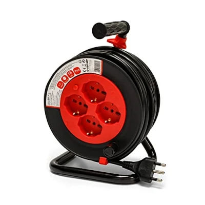 Immagine di VELAMP REEL IT 15 Prolunga Elettrica con Avvolgicavo 15mt 4 Prese Polivalenti (Schuko + 10/16A) Spina Grande 16A Interruttore di Protezione Cavo elettrico multipolare 3G Sezione 1,5 mm²