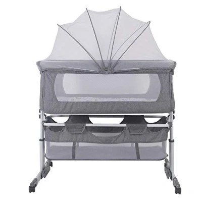Immagine di Culla Cododo Bambino con materasso, moda a dondolo per culla, lato pieghevole, altezza regolabile, finestre in rete, ruote e borsa da viaggio 0 6 mesi (92 x 58 70 90 cm (grigio)