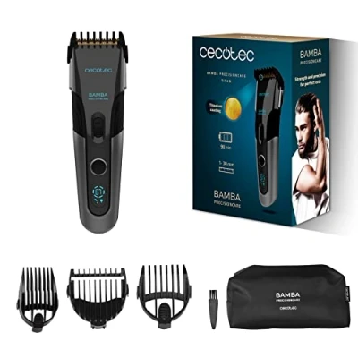 Immagine di Cecotec Tagliacapelli PrecisionCare Titan. Lama rivestita in titanio, 90 min di autonomia, Fino a 30 mm, Wireless, 3 pettini guida, Display, Avviso manutenzione, Funzione blocco.